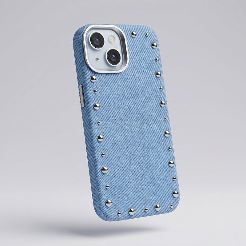 Funda Denim MagBattery para iPhone 15 Plus — vista trasera con cierre magnético
