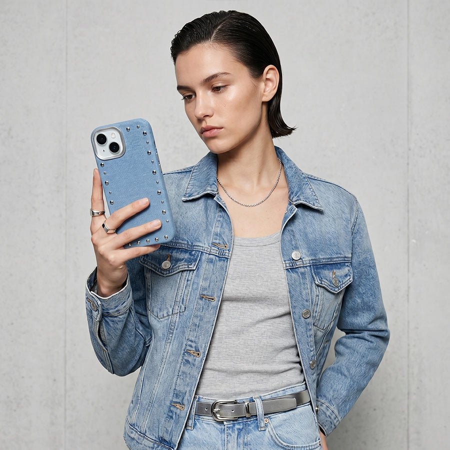 Funda Denim MagBattery para iPhone 15 Plus — perfil lateral y protección
