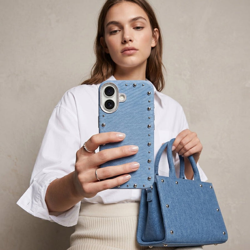 Detalle del acabado vaquero de la funda Denim MagBattery para iPhone 16 Plus
