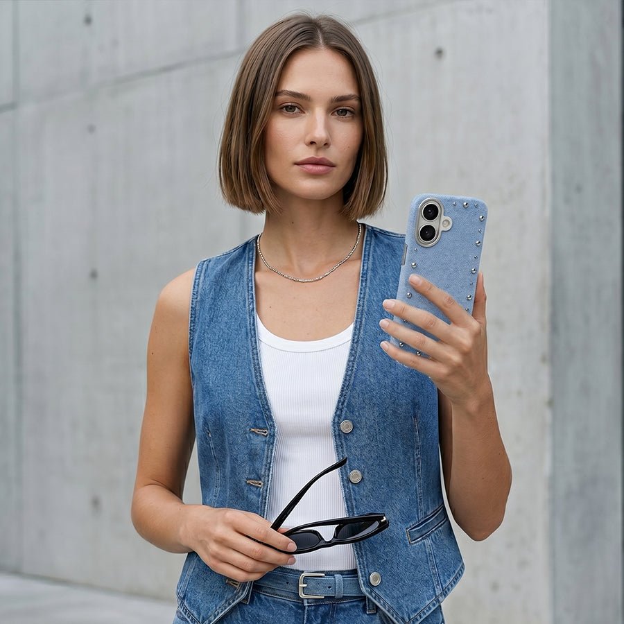 Funda Denim MagBattery para iPhone 16 Plus — perfil lateral y protección
