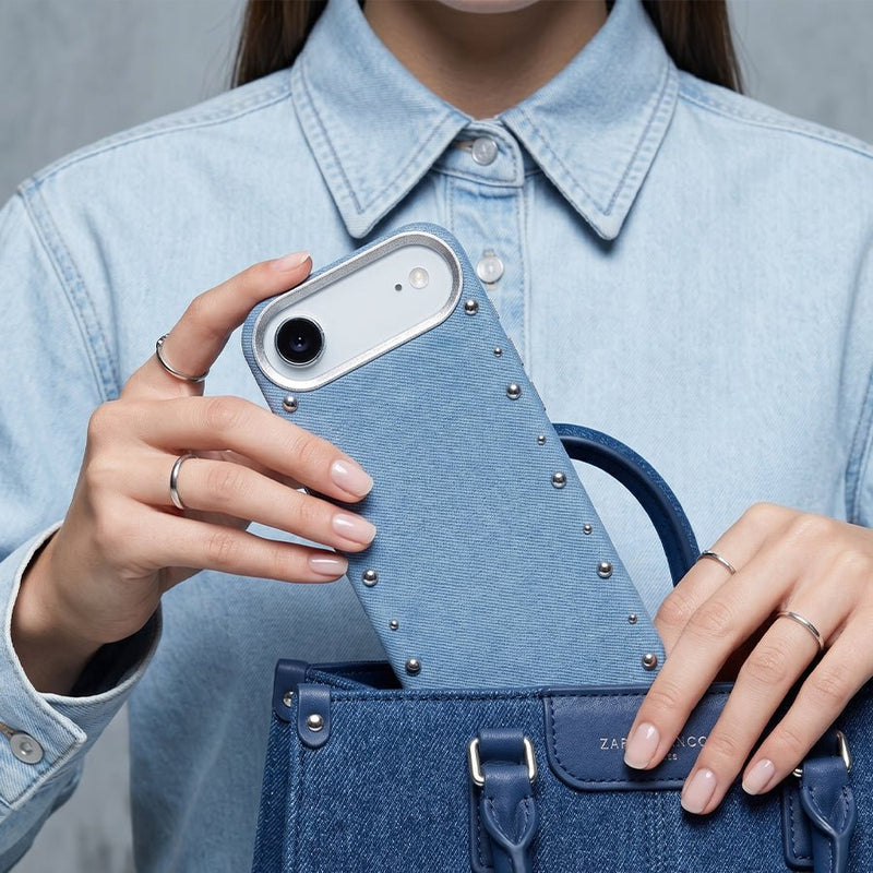 Detalle del acabado vaquero de la funda Denim MagBattery para iPhone Air

