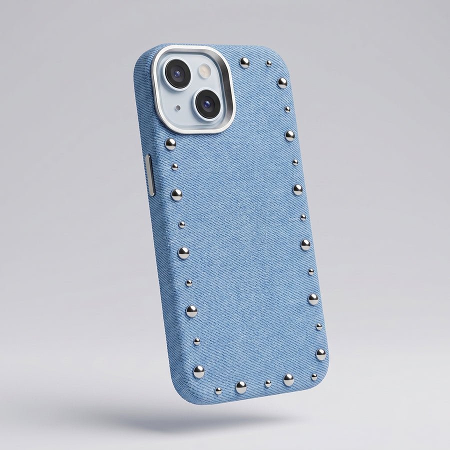 Funda Denim MagBattery para iPhone 15 — vista trasera con cierre magnético
