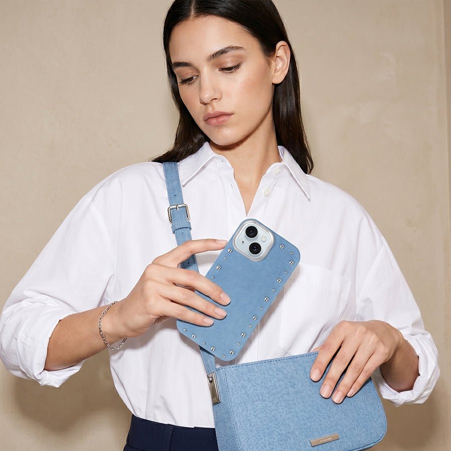 Detalle del acabado vaquero de la funda Denim MagBattery para iPhone 15
