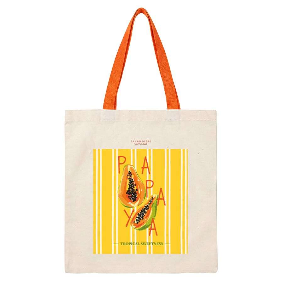 Tote bag Papaya Beach colección The Sunset Club – Vista frontal bolsa de tela estampado tropical naranja
