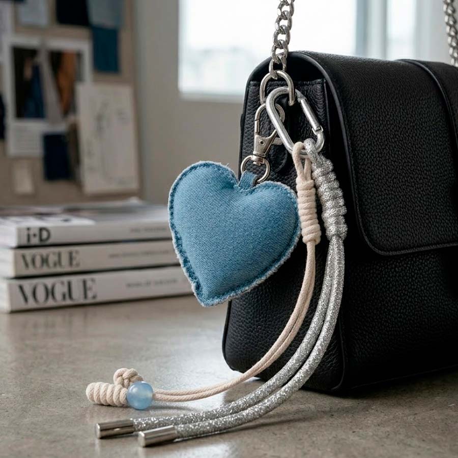 Charm colgante corazón denim como accesorio de bolso